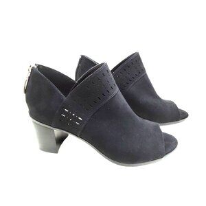 Xappeal women's black faux suede peep toe shoes with lazer cut outs and ankle zi